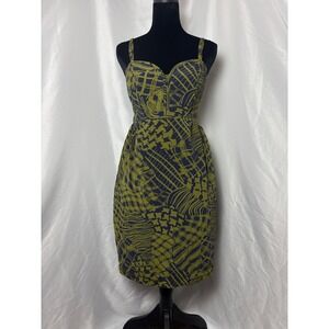 Maple Silk Midi Dress Womens Size XS Green Navy Blue Geometric Pockets Y2K Boho